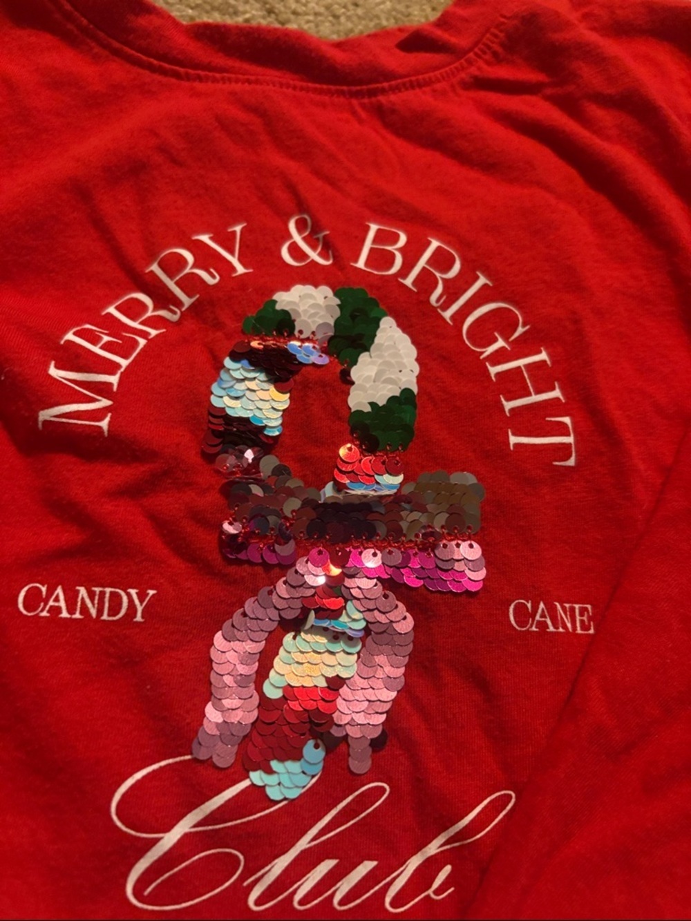 Cat & Jack Red "Merry & Bright" Sequin Candy Cane Long Sleeve Shirt - Picture 2 of 3